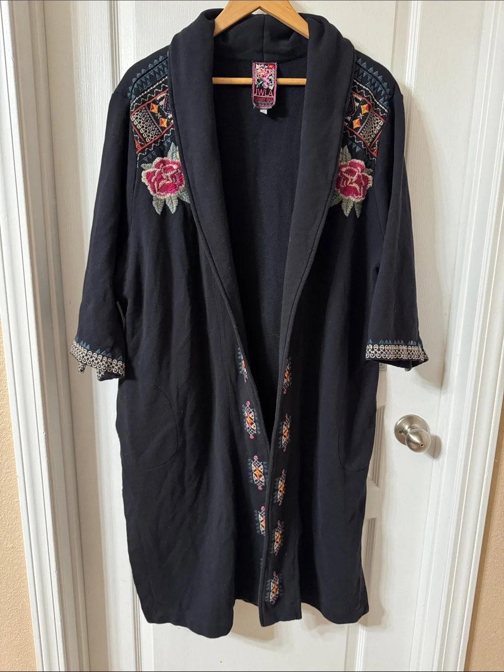 Johnny Was Black Embroidered Kimono| Duster with Rose Accents